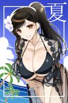  1girl absurdres bare_shoulders belly_chain bikini black_bikini breasts brown_hair cleavage commentary_request eyes_visible_through_hair hair_ornament highres jewelry koishikawa large_breasts long_hair looking_at_viewer mole mole_on_neck navel_piercing necklace nijisanji o-ring o-ring_bikini o-ring_top orange_eyes piercing shirayuki_tomoe shirayuki_tomoe_(14th_costume) smile solo string_bikini swimsuit virtual_youtuber 