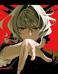  1girl arknights black_eyes black_horns commentary_request covered_mouth eye_reflection fingernails fire foreshortening frilled_sleeves frills grey_hair hair_between_eyes hair_intakes hand_up highres horns korean_commentary letterboxed looking_at_viewer mevii12345 outside_border portrait reaching reaching_towards_viewer red_background reflection serious short_hair simple_background solo straight-on talulah_(arknights) 