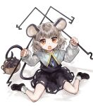  1girl animal_ears basket black_skirt black_vest capelet chinese_commentary commentary_request dowsing_rod dual_wielding grey_capelet grey_hair highres holding holding_with_tail jewelry long_sleeves looking_at_viewer mouse_(animal) mouse_ears mouse_girl mouse_tail nazrin necklace open_mouth orange_eyes pendant prehensile_tail sayoko404 shirt shoes skirt socks solo tail touhou vest white_shirt white_socks 