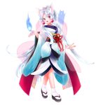  1girl :d absurdres black_sandals black_sash blue_kimono edomura_niniko full_body gradient_clothes gradient_kimono hair_ribbon hand_up highres hitodama japanese_clothes kimono long_hair long_sleeves looking_at_viewer nhk_(voiceroid) obi official_art okobo open_mouth parted_bangs pink_eyes pink_ribbon platform_sandals ponytail ribbon sandals sash simple_background smile socks solo standing tabi touhoku_itako transparent_background very_long_hair voiceroid white_hair white_kimono white_socks wide_sleeves 