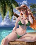  1boy 1girl absurdres bangle bare_legs bikini black_hair bracelet breasts brown_eyes cleavage commentary earrings foot_out_of_frame green_bikini grin halterneck hand_on_headwear hat highres horizon jewelry large_breasts legs lips log_pose long_hair looking_to_the_side monkey_d._luffy nail_polish nami_(one_piece) navel necklace ocean one_piece orange_hair outdoors palm_tree parted_lips pearl_earrings red_nails scar scar_on_cheek scar_on_face short_hair shoulder_tattoo single_sidelock sitting skindentation smile stomach straw_hat stupidtako summer swimsuit tattoo thighs tree twitter_username wavy_hair 
