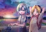  2boys :d arms_behind_head backpack bag belt bicycle black_hair blonde_hair blue_eyes blue_shorts child cloud cloudy_sky collared_shirt colored_bangs commentary_request curtained_hair dawn emblem green_eyes grey_hair high-waist_shorts hikaru_no_go horizon lens_flare looking_at_another male_focus medium_hair multicolored_hair multiple_boys open_mouth outdoors parted_bangs pink_kairou pushing_bicycle red_bag school_bag school_uniform shindou_hikaru shirt short_sleeves shorts sky smile touya_akira two-tone_hair upper_body walking white_belt white_shirt 
