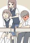  1boy 2girls between_legs blue_skirt blush brown_background brown_hair chair closed_eyes closed_mouth collared_shirt commentary_request desk dress_shirt feet_out_of_frame full-face_blush grey_hair grey_pants hair_ornament hairclip hand_between_own_legs juukyuu long_hair multiple_girls on_chair open_mouth original pants parted_lips pleated_skirt school_chair school_desk school_uniform shirt shoulder_massage sitting skirt smirk socks solid_circle_eyes standing sweater_vest twintails two-tone_background white_background white_shirt white_socks 