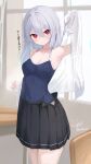  1girl absurdres black_skirt blue_one-piece_swimsuit breasts chair classroom commentary competition_school_swimsuit covered_navel cowboy_shot desk fuji_sakura grey_hair highres long_hair looking_at_viewer medium_breasts one-piece_swimsuit original pleated_skirt red_eyes school_swimsuit shirt signature skirt solo swimsuit swimsuit_under_clothes translated twitter_username undressing white_shirt window 