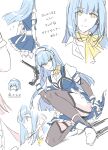  1girl apron ascot asymmetrical_dual_wielding black_garter_straps black_panties black_thighhighs blue_hair blue_skirt blue_vest breasts chibi commentary convenient_leg detached_sleeves dual_wielding dutch_angle earpiece eiyuu_densetsu frilled_skirt frills full_body garter_straps gloves gun handgun headset holding holding_gun holding_knife holding_weapon kneeling knife kuro_no_kiseki_(series) kuro_no_kiseki_i long_hair looking_at_viewer maid_apron medium_breasts miniskirt multiple_views on_one_knee panties panty_peek parted_lips poki_(as9861164216765) risette_twinings shirt shoes simple_background skirt smile sparkle straight_hair thighhighs translated underwear vest weapon white_background white_gloves white_shirt white_shoes yellow_ascot yellow_eyes 