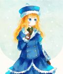  1girl armor blonde_hair blue_coat blue_eyes brown_gloves buttons closed_mouth coat collared_shirt commentary_request cowboy_shot fur-trimmed_coat fur-trimmed_headwear fur_trim gloves green_shirt gunner_(sekaiju) gunner_2_(sekaiju) hand_up juliet_sleeves long_hair long_sleeves mado-md pom_pom_(clothes) puffy_sleeves sekaiju_no_meikyuu sekaiju_no_meikyuu_2 shirt snow solo standing 