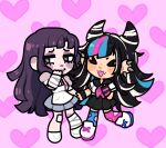  >_< 2girls :3 anxrchywitch apron asymmetrical_legwear bandaged_arm bandaged_hand bandages bandaid bandaid_on_knee bandaid_on_leg black_hair black_skirt blue_hair blue_skirt blue_streaks blue_thighhighs blush blush_stickers chibi chibi_only closed_eyes closed_mouth collared_shirt commentary danganronpa_(series) danganronpa_2:_goodbye_despair ear_piercing english_commentary eyelashes face_piercing full_body hair_horns heart heart_background highres long_hair mioda_ibuki mismatched_legwear mismatched_thighhighs mouth_piercing multicolored_hair multiple_girls neckerchief open_mouth piercing pink_background pink_hair pink_neckerchief pink_streaks pink_thighhighs puffy_short_sleeves puffy_sleeves purple_eyes purple_hair school_uniform serafuku shirt shoes short_sleeves skirt smile streaked_hair thighhighs torn_clothes torn_thighhighs tsumiki_mikan white_apron white_hair white_shirt white_shoes yuri 