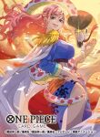  1girl aged_down bracelet breasts cape commentary_request copyright_name crop_top epaulettes eyelashes fangs floating_clothes gloriosa_(one_piece) hand_on_own_hip hat jewelry kuja_pirates_jolly_roger long_hair looking_back nanahara_shie official_art one_piece one_piece_card_game pink_hair smile snake warm_colors 