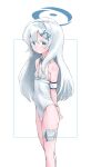  1girl absurdres armband blue_archive blue_eyes blue_halo blue_ribbon casual_one-piece_swimsuit colored_eyelashes commentary dolphin_hair_ornament feet_out_of_frame gradient_eyes hair_ornament halo highleg highleg_one-piece_swimsuit highres long_single_sidelock looking_at_viewer multicolored_eyes neck_ribbon one-piece_swimsuit ribbon sayuri_(blue_archive) solo swimsuit tamura-chan thigh_strap white_eyelashes white_one-piece_swimsuit x_hair_ornament 