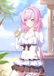  1girl absurdres al-somaly_mo beach bikini blue_eyes blue_sky breasts chinese_commentary cleavage commentary_request commission cup elf elysia_(honkai_impact) elysia_(miss_pink)_(honkai_impact) elysia_(miss_pink_elf)_(honkai_impact) hairband highres holding holding_cup honkai_(series) honkai_impact_3rd large_breasts long_hair looking_at_viewer miniskirt navel ocean official_alternate_costume palm_tree pink_hair pointy_ears second-party_source skirt sky smile solo stomach swimsuit tree two-tone_skirt very_long_hair white_bikini white_hairband 