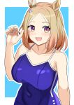  1girl animal_ears bare_shoulders blonde_hair blue_one-piece_swimsuit blush breasts commentary_request competition_school_swimsuit covered_navel ear_covers guutikutoyokawa highres horse_ears horse_girl large_breasts looking_at_viewer narita_top_road_(umamusume) one-piece_swimsuit open_mouth purple_eyes school_swimsuit short_hair single_ear_cover single_vertical_stripe smile solo swimsuit tracen_swimsuit umamusume 