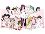  6+girls absurdly_long_hair aged_down ahoge araragi_karen araragi_tsukihi arm_above_head arm_support back_bow bandaid bandaid_on_face bandaid_on_knee bandaid_on_leg bandaid_on_nose bare_arms bare_legs barefoot between_legs black_hair blonde_hair blue_eyes blunt_ends blunt_sidelocks blush_stickers border bow bowtie braid brown_eyes brown_hair collarbone colored_shadow commentary double_v dress dress_flip egg_hair_ornament empty_eyes expressionless feet flat_chest food-themed_hair_ornament gesugesu_ahoaho green_ribbon grey_eyes grey_hair grin hachikuji_mayoi hair_flaps hair_ornament hair_over_shoulder hair_ribbon hair_scrunchie hairband halter_dress halterneck hand_between_own_legs hand_on_own_ankle hand_on_own_face hand_on_own_hip hand_on_own_knee hands_on_floor hands_up hanekawa_tsubasa head_tilt holding_hands index_finger_raised interlocked_fingers kanbaru_suruga knee_blush kneeling knees_to_chest knees_together_feet_apart lace-trimmed_dress lace_trim leaning_forward legs_apart light_blush long_dress long_hair long_sleeves looking_at_viewer maid_headdress medium_hair monogatari_(series) multiple_girls narrowed_eyes neck_ribbon oikura_sodachi one_eye_closed ononoki_yotsugi open_hands oshino_ougi oshino_shinobu outer_glow outside_border outstretched_arms pale_skin parted_bangs parted_lips pink_background purple_hair red_eyes ribbon sailor_collar sailor_dress scrunchie sengoku_nadeko senjougahara_hitagi shadow short_bangs short_dress short_hair short_sleeves short_twintails shoulder_blush side_ponytail sidelocks simple_background single_braid sitting sleeveless sleeveless_dress smile smirk smug socks standing standing_on_one_leg sundress tomboy tongue tongue_out twintails v v-shaped_eyebrows v_arms v_over_eye very_long_hair wariza white_border white_bow white_bowtie white_dress white_hairband white_sailor_collar white_scrunchie white_socks yellow_eyes 