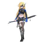  1girl absurdres alternate_costume assault_visor asymmetrical_legwear asymmetrical_sleeves azure_striker_gunvolt belt black_shorts blade_(gunvolt) blonde_hair boots breasts commission commissioner_upload crop_top fingerless_gloves full_body gloves gunvolt_chronicles_luminous_avenger_ix hair_ornament hand_on_hilt highres knee_armor leg_armor long_bangs long_hair looking_at_viewer mechanical_ears medium_breasts multiple_belts navel non-web_source rhan scabbard sheath shorts shoulder_strap solo swept_bangs sword thigh_strap thighhighs thighs transparent_background weapon 