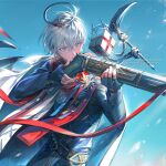  1boy arknights badge belt blonde_hair blue_eyes buttoned_cuffs buttons commentary cube cube_of_the_law_(arknights) executor_(arknights) executor_the_ex_foedere_(arknights) fingerless_gloves gloves gun halo highres long_sleeves male_focus purity_seal red_scarf scarf scythe short_hair shotgun solo talisman tianxiaoye_ansel.s untranslatable_commentary watermark weapon 