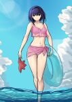  1girl absurdres alternate_costume bangs bikini black_dress black_hair black_hairband blue_sky breasts cleavage cloud collarbone commentary_request cqqz0707 day dress hair_between_eyes hairband highres holding holding_innertube innertube kuonji_alice looking_at_viewer mahou_tsukai_no_yoru navel ocean outdoors partially_submerged pink_bikini pink_sarong sarong see-through short_hair sky small_breasts solo stomach sunlight swimsuit water wet wet_hair 