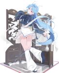 1girl absurdres alternate_costume arm_up black_jacket blue_eyes blue_hair commentary_request dress dual_wielding earrings fiery_horns folding_fan from_behind full_body hair_intakes hand_fan highres holding holding_fan horns jacket jewelry ki_rin_9 korean_commentary long_hair long_sleeves looking_at_viewer looking_back qingxiao_(wuthering_waves) simple_background smile socks solo thighs white_background white_dress white_socks wuthering_waves 