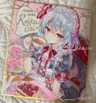  1girl alternate_costume apron bat_wings blue_hair blush bow bowtie brooch cake cake_slice commentary_request cup enmaided flower food hair_between_eyes highres holding holding_cup jewelry looking_at_viewer maid maid_apron maid_headdress open_mouth photo_(medium) pink_flower pink_rose plate puffy_short_sleeves puffy_sleeves q_sakura red_bow red_bowtie red_eyes remilia_scarlet rose shikishi short_sleeves solo table tea teacup teapot touhou traditional_media twitter_username white_apron white_wrist_cuffs wings wrist_cuffs 