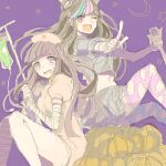  2girls aka_(akako) alternate_costume asymmetrical_legwear bandaged_arm bandaged_leg bandages black_hair blue_hair blue_streaks blue_thighhighs blush commentary_request crescent danganronpa_(series) danganronpa_2:_goodbye_despair dress ear_piercing eyelashes face_piercing fang grey_shirt grey_skirt hair_horns halloween hat holding holding_iv_stand holding_microphone index_finger_raised intravenous_drip iv_stand long_hair microphone midriff mioda_ibuki mismatched_legwear mismatched_thighhighs mouth_piercing multicolored_hair multiple_girls neckerchief nurse nurse_cap oekaki one_eye_closed open_mouth piercing pink_dress pink_eyes pink_hair pink_hat pink_streaks pink_thighhighs puffy_short_sleeves puffy_sleeves pumpkin purple_background purple_eyes purple_hair shirt short_sleeves skirt smile star_(symbol) streaked_hair sweatdrop tearing_up thighhighs torn_clothes torn_thighhighs tsumiki_mikan v-shaped_eyebrows 