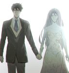  1boy 1girl bone commentary dress godgift06 hero_(omori) highres holding_hands long_hair looking_at_another mari_(omori) omori pale_skin scene_reference suit untranslatable_commentary white_dress 