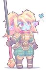  1girl :o absurdres armor blonde_hair blue_skin boots brown_boots brown_gloves bug butterfly colored_skin commentary_request fang flower full_body gloves green_pants hair_flower hair_ornament highres holding holding_weapon huge_weapon kayo!!_(gotoran) league_of_legends long_hair looking_at_animal open_mouth pants pointy_ears poppy_(league) puffy_pants red_eyes red_scarf scarf sidelocks simple_background standing twintails weapon white_background yordle 