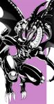  1boy ahiru-kmo claws closed_eyes closed_mouth colored_bangs commentary_request dragon duel_monster gandora_the_dragon_of_destruction greyscale_with_colored_background highres jacket muto_yugi outside_border pants pillarboxed pink_background sitting_on_shoulder wings yu-gi-oh! 