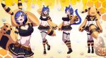 1girl :d animal_ears animal_hood antennae black_shoes black_skirt blue_hair breasts cat_ears cat_girl cleavage_cutout clothing_cutout constellation crescent crescent_hair_ornament crop_top dragon_girl dragon_horns fake_antennae fang fishnet_thighhighs fishnets from_behind grey_horns hair_ornament halloween_costume heart_cutout highres honey hood horns indie_virtual_youtuber large_breasts looking_at_viewer midriff multiple_views navel official_art one_eye_closed open_mouth orange_hood pumpkin red_eyes reference_sheet roisin shoes skin_fang skirt smile socks starry_hair stinger striped_clothes striped_socks thighhighs thighs vienna_(vtuber) virtual_youtuber 