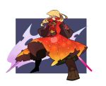  1boy armor blonde_hair blue_eyes boots brown_boots closed_mouth commentary_request dual_wielding full_body green_pants haruyasai_(sanbunno) holding holding_sword holding_weapon japanese_armor jinbaori kujura_(sekaiju) legs_apart long_hair looking_at_viewer male_focus pants puffy_pants sekaiju_no_meikyuu sekaiju_no_meikyuu_3 shoulder_armor sode solo sword weapon 