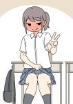  1girl :q backpack bag blue_skirt blush brown_background brown_hair chair closed_mouth clothes_lift collared_shirt commentary_request desk dress_shirt feet_out_of_frame full-face_blush grey_socks juukyuu knees_together_feet_apart lifting_own_clothes no_panties on_chair original pleated_skirt ponytail school_chair school_desk school_uniform shirt short_sleeves sitting skirt skirt_lift smile socks solid_circle_eyes solo tongue tongue_out two-tone_background unworn_backpack unworn_bag white_background white_shirt 