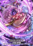  1girl 3boys attack charlotte_linlin cloud commentary_request copyright_name dress evil_smile hat hokuyuu holding holding_sword holding_weapon japanese_clothes jinbe_(one_piece) kimono long_hair monkey_d._luffy multiple_boys napoleon_(one_piece) official_art one_piece one_piece_card_game orange_kimono pink_dress pink_hair sanji_(one_piece) smile sword tongue tongue_out weapon zeus_(one_piece) 