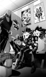  3boys ahiru-kmo belt blue-eyes_white_dragon colored_bangs commentary_request dark_magician dark_magician_girl dual_persona duel_monster english_text engrish_text greyscale holding holding_phone kaiba_seto kuriboh male_focus marshmallon monochrome multiple_boys muto_yugi pants phone poster_(object) ranguage sitting stuffed_toy talking_on_phone yami_yugi yu-gi-oh! 