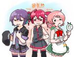  3girls beret dress drill_hair green_dress hair_bun hat kasane_teto kasane_teto_(utau) lowres miniskirt momone_momo multiple_girls pink_hair purple_hair saruyama_ushirou skirt twin_drills utane_uta utau 