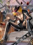  1boy black_hat blonde_hair book chain charlotte_mont-d'or commentary_request copyright_name evil_smile hat high_heels indoors long_nose looking_at_viewer male_focus moreshan official_art one_piece one_piece_card_game sitting smile solo 