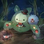  bow bowtie cape commentary_request crescent_moon fang halloween hat holding holding_lantern komeda_arufa lampent lantern moon night no_humans outdoors pokemon pokemon_(creature) pokemon_focus red_bow red_bowtie reuniclus top_hat woobat 