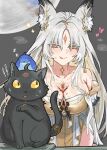  1girl :p animal_ear_fluff animal_ears animalization atiarta7 bare_shoulders black_cat blush breasts cat cleavage colored_eyelashes commentary dress english_commentary forehead_tattoo fox_ears fox_girl gold_dress hair_ornament highres hsin_(wuthering_waves) large_breasts lipstick_mark long_hair looking_at_animal male_rover_(wuthering_waves) rover_(wuthering_waves) smile solo sweat tattoo tongue tongue_out white_eyelashes white_hair wuthering_waves yangyang_(wuthering_waves) yangyang_(xuanling)_(wuthering_waves) yellow_eyes 