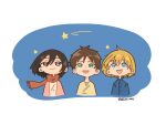 1girl 2boys armin_arlert black_eyes black_hair blonde_hair blue_background blue_eyes blue_shirt border brown_hair cardigan closed_mouth collared_shirt eren_yeager green_eyes hair_between_eyes highres mikasa_ackerman multiple_boys ohntm_mks open_mouth pink_cardigan red_scarf scar scar_on_cheek scar_on_face scarf shingeki_no_kyojin shirt shooting_star short_hair smile twitter_username upper_body white_border white_shirt yellow_shirt 