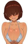  1girl bikini blush breasts breasts_squeezed_together cleavage commentary commission dark-skinned_female dark_skin english_commentary eyebrows_hidden_by_hair grey_bikini hair_over_eyes highres large_breasts looking_at_viewer medium_hair open_mouth original scarletknives-x simple_background smile solo swimsuit upper_body white_background 