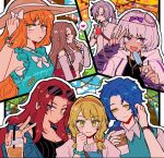  2boys 5girls :d alternate_hairstyle aqua_dress arm_up bag belt black_shirt blonde_hair blue_jacket blue_overalls blue_vest bow bowtie braid breasts brown_hair center_frills chain chain_necklace chesed_(project_moon) cleavage cleavage_cutout closed_eyes closed_mouth clothing_cutout coat collarbone commentary_request contrast_collar criss-cross_halter cup curtained_hair detached_sleeves disposable_coffee_cup disposable_cup drawstring dress drinking drinking_straw fang finger_to_mouth fingerless_gloves fingernails food freckles frilled_dress frills gebura_(project_moon) gloves gold_chain green_eyes grey_hair grey_shirt grey_sleeves hair_bow hairband halterneck hand_in_own_hair hand_on_own_cheek hand_on_own_face handbag hands_up hat heart heterochromia holding holding_cup holding_food holding_popsicle hood hooded_coat ice ice_cube ishmael_(project_moon) jacket jewelry kira_(project_moon) library_of_ruina limbus_company long_hair looking_at_viewer looking_to_the_side low_ponytail low_twin_braids lucio_(project_moon) medium_hair middle_ring midriff multiple_boys multiple_girls nail_polish necklace open_mouth orange_bow orange_hair orange_hairband outline overalls pennant ponytail popsicle project_moon purple_bow purple_eyes purple_gloves purple_nails red_bag red_belt red_hair red_nails ring rodion_(project_moon) scar scar_across_eye scar_on_cheek scar_on_face shirt short_hair shoulder_strap sidelocks skin_fang sleeveless sleeveless_dress smile smoothie spoken_heart striped_clothes striped_shirt summer sun_hat thumb_ring tiphereth_a_(project_moon) twin_braids v very_long_hair vest watch watermark white_bow white_bowtie white_coat white_hair white_outline white_shirt wristwatch yellow_eyes yuhan_company12 