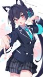 1girl :o absurdres animal_ear_fluff animal_ears armband bike_shorts black_hair black_shorts black_skirt blue_archive blue_armband blue_jacket blue_necktie blue_ribbon blush breasts bright_pupils buttons cat_ears cat_girl collared_shirt commentary cowboy_shot double_v fan_request fingernails gyaru_v hair_between_eyes hair_intakes hair_ribbon hand_up head_tilt highres jacket lapels layered_sleeves legs_together long_hair long_sleeves looking_at_viewer medium_breasts miniskirt missing_halo miyama_(yakinikusushi_the_royal) necktie odaibako open_mouth outstretched_arm pink_pupils plaid_clothes plaid_skirt pleated_skirt pocket red_eyes ribbon school_uniform serika_(blue_archive) shirt shorts six_pointed_star skirt solo star_(symbol) star_symbol_background straight_hair tsurime twintails v v-shaped_eyebrows very_long_hair white_background white_shirt white_trim 