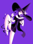  1girl andaerz attacking_viewer bare_shoulders barefoot black_dress black_eyes black_hat black_scarf bracelet breasts cocktail_dress cross cross_hair_ornament dress hair_ornament hat hat_ornament highres imminent_kick jewelry limited_palette looking_at_viewer magic off-shoulder_dress off_shoulder original purple_background purple_hair scarf short_hair simple_background solo standing standing_on_one_leg star_(symbol) star_hat_ornament witch witch_hat 