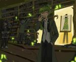  1boy 3others black_pants book book_stack bookshelf brown_hair coat collared_shirt easel enkephalincel floor_of_art's_glowing_creature green_coat green_hair hand_in_pocket highres holding holding_book indoors ladder lapels librarian_(project_moon) library library_of_ruina long_hair long_sleeves medium_hair multiple_others netzach's_painting netzach_(project_moon) nugget_(project_moon) one_eye_closed open_book open_mouth pants project_moon reading shirt sitting skirt standing white_shirt yawning 