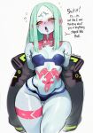  1girl ai-generated ass_visible_through_thighs blue_skin blush breasts colored_skin cyberpunk:_edgerunners cyberpunk_(series) ear_blush green_hair highres honkibooty jacket leg_tattoo narrow_waist navel non-web_source open_clothes open_jacket purple_lips rebecca_(cyberpunk) sartorial_line small_breasts solo tattoo thick_thighs thighs 