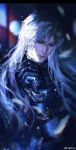  1boy absurdres aegyo_sal alternate_hair_length_(longer) black_gloves blue_tailcoat chinese_commentary closed_mouth collar commentary_request earrings frilled_collar frilled_sleeves frills gloves hair_between_eyes highres jewelry layered_sleeves long_hair long_sleeves looking_at_viewer love_and_deepspace male_focus official_alternate_costume red_eyes ring scarlet09linjiu solo sylus_(love_and_deepspace) sylus_(silverwing_fiend)_(love_and_deepspace) upper_body very_long_hair watermark weibo_watermark white_hair 