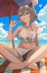  1girl animal_ears barefoot beach bikini blue_sky breasts brown_hair cloud day eyewear_on_head feet food food_in_mouth green-tinted_eyewear green_bikini green_eyes green_nails highres indie_virtual_youtuber large_breasts navel nimi_nightmare nimi_nightmare_(lifeguard) nyaanite open_mouth outdoors popsicle popsicle_in_mouth sand sarong see-through_clothes see-through_tank_top sitting sky solo sunglasses swimsuit tank_top tapir_ears tapir_girl tinted_eyewear toes towel virtual_youtuber water white_sarong white_tank_top 