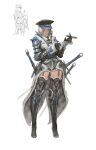  1girl absurdres agoto armor belt blue_eyes boots breasts coat full_body garter_straps hat highres holding holding_paper medium_breasts original paper scar scar_across_eye shoulder_armor solo standing sword thighhighs thighs weapon white_hair 