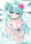  1girl angel angel_wings bare_shoulders bikini black_collar bracelet breasts cleavage clover_hair_ornament collar commentary_request cross flower four-leaf_clover_hair_ornament four-leaf_clover_ornament frilled_bikini frills green_eyes green_hair hair_bun hair_flower hair_ornament halo halterneck highres jewelry large_breasts livia_(mikaze_oto) long_hair mikaze_oto navel original solo string_bikini swimsuit thigh_strap triangle_bikini_top wading water wet white_bikini wings 