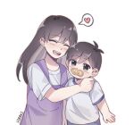  1boy 1girl aoihiraki black_hair brother_and_sister heart highres hug mari_(faraway)_(omori) mari_(omori) omori pacifier shirt siblings smile sunny_(omori) t-shirt 