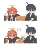  2boys adam's_apple angel_devil_(chainsaw_man) angel_wings black_eyes black_hair black_jacket black_necktie chainsaw_man chibi chibi_only closed_mouth commentary dot_mouth dress_shirt hair_between_eyes halo hayakawa_aki highres hn_(artist) jacket male_focus multiple_boys necktie on_bench open_clothes open_jacket shirt short_hair simple_background sitting speech_bubble suit_jacket topknot traditional_halo translation_request white_background white_shirt wings yaoi 