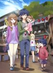  2boys 5girls black_hair blonde_hair bow brown_hair character_request cloud cloudy_sky commentary_request day father_and_child father_and_daughter father_and_son full_body glasses holding_hands husband_and_wife isekai_wa_smartphone_to_tomo_ni. jacket long_hair looking_at_another mother_and_child mother_and_daughter mother_and_son multiple_boys multiple_girls open_mouth outdoors parent_and_child shirt shoes short_hair sky standing tree usatsuka_eiji white_background 