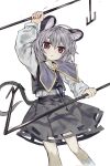  1girl animal_ears basket black_skirt black_vest capelet closed_mouth corrupted_twitter_file dowsing_rod dual_wielding grey_capelet grey_hair highres holding holding_with_tail jewelry kneehighs long_sleeves looking_at_viewer medium_hair mouse_(animal) mouse_ears mouse_girl mouse_tail nazrin necklace pendant prehensile_tail red_eyes sayoko404 shirt simple_background skirt socks solo tail touhou vest white_background white_shirt white_socks 