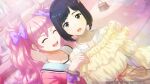  2girls amamine_mika bag black_hair boutique bow brown_eyes clothes_shop couple desperadrops dress dutch_angle frilled_dress frills game_asset handbag kozaki_yuusuke looking_at_viewer multiple_girls official_art open_mouth pink_background pink_dress pink_hair pink_serafuku purple_bow red_ribbon ribbon sailor_collar sally_del_testa school_uniform serafuku shopping smile third-party_source trying_on_clothes twintails visual_novel_cg white_sailor_collar yellow_dress yuri 